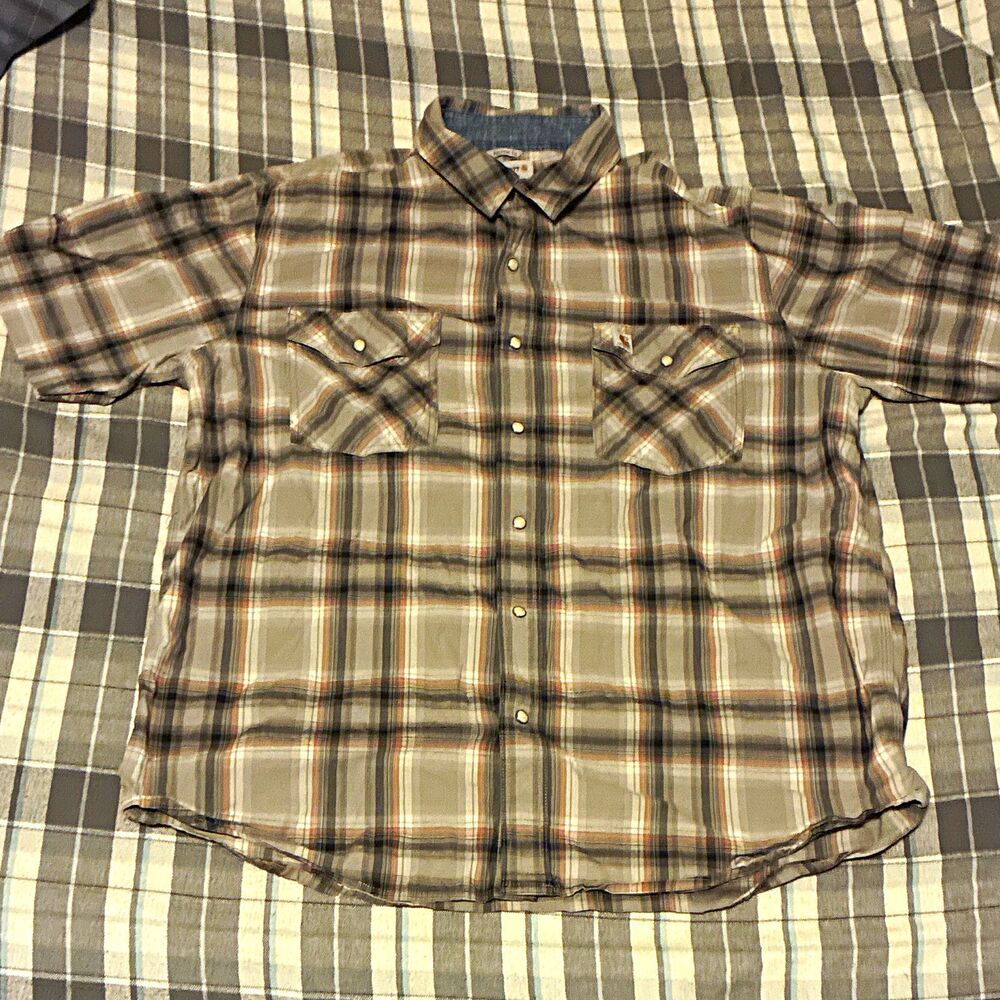 Carhartt Men's XL Gray Plaid Flannel Cotton Long Sleeve Button-Up Pockets Logo